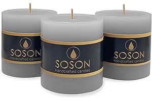 Simply Soson 3x3 inch Grey Pillar Candles Set of 3, Smooth Texture, Unscented Grey Candles, Dripless Candles, 3 inch Pillar Candles Ideal as Wedding, Parties, Spas, Dinner, Home Decoration, Church