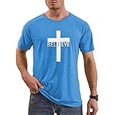 iudam Men's Short Sleeve Crewneck Graphic Tee Believe Cross Print Christian Shirts Workout Shirts