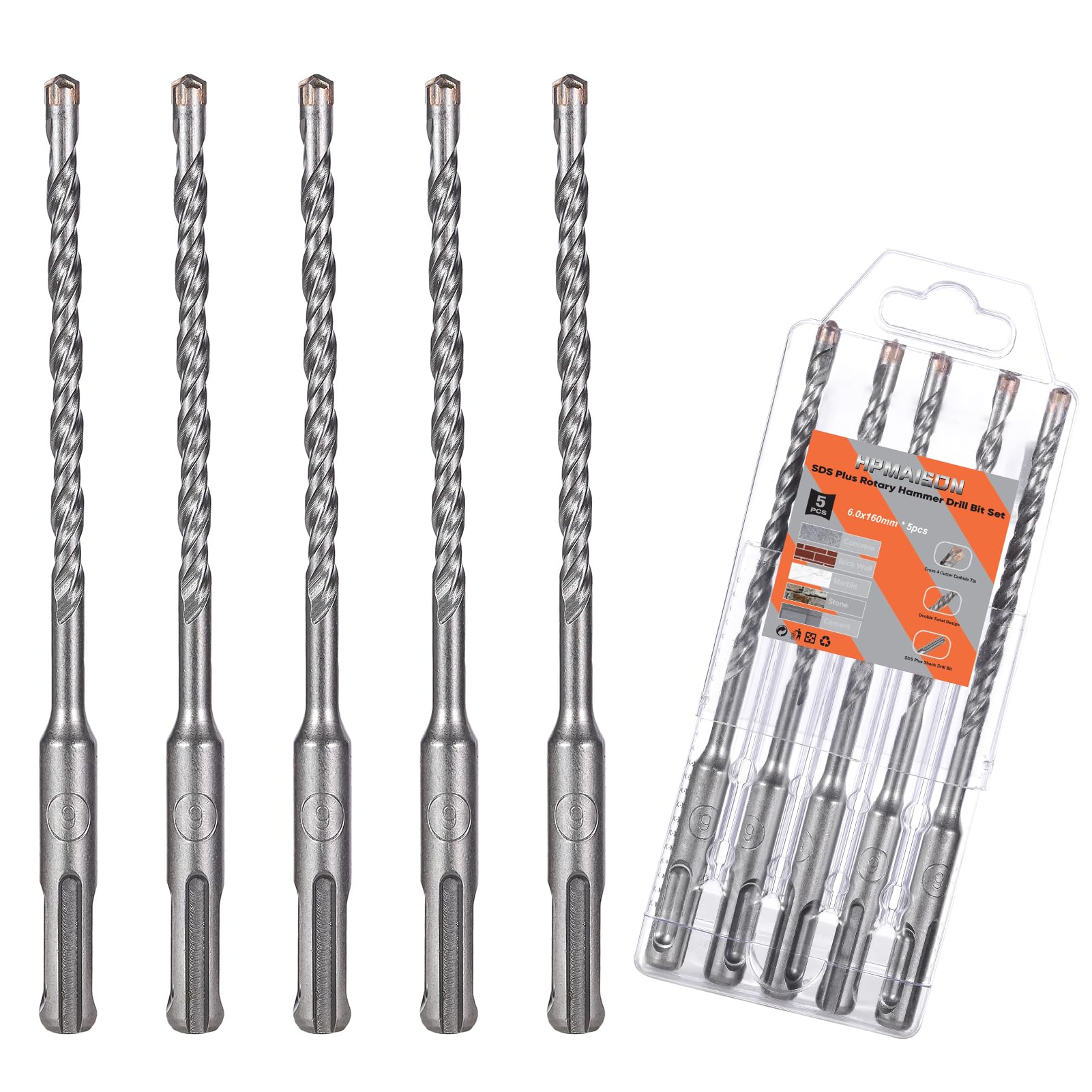 HPMAISON SDS Plus Rotary Hammer Drill Bit Set 6mm x 160mm, 5PCS Cross Drill Bits Hammer Impact Drill Bit 4-Cutter Carbide Tips for Drilling Stone, Concrete, Brick Wall, Cement, Masonry