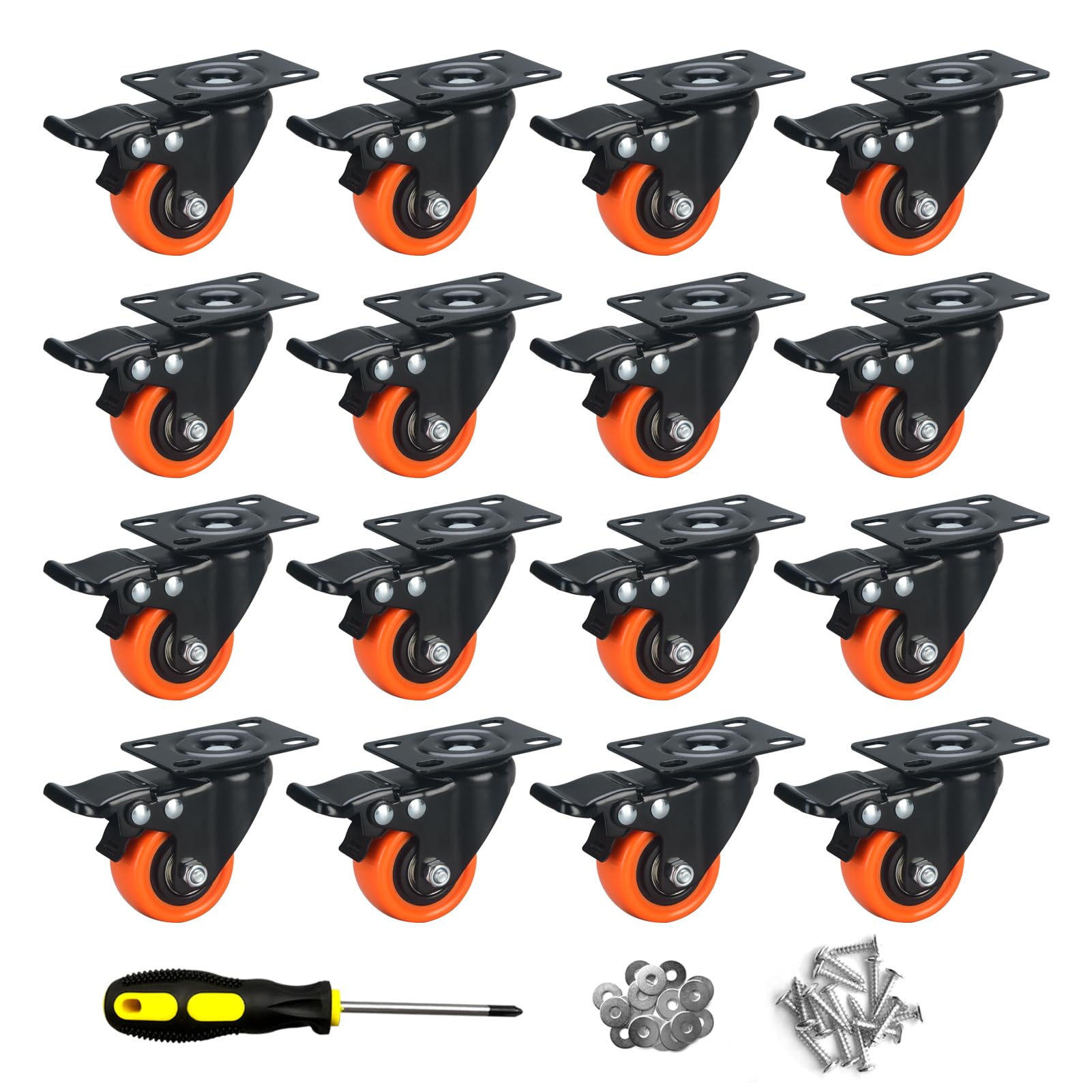 ASHGOOB 2" Caster Wheels Set of 16, Heavy Duty Casters with Brake, No Noise Locking Casters with Orange Polyurethane (PU) Wheels, Swivel Plate Castors Pack of 16 Image