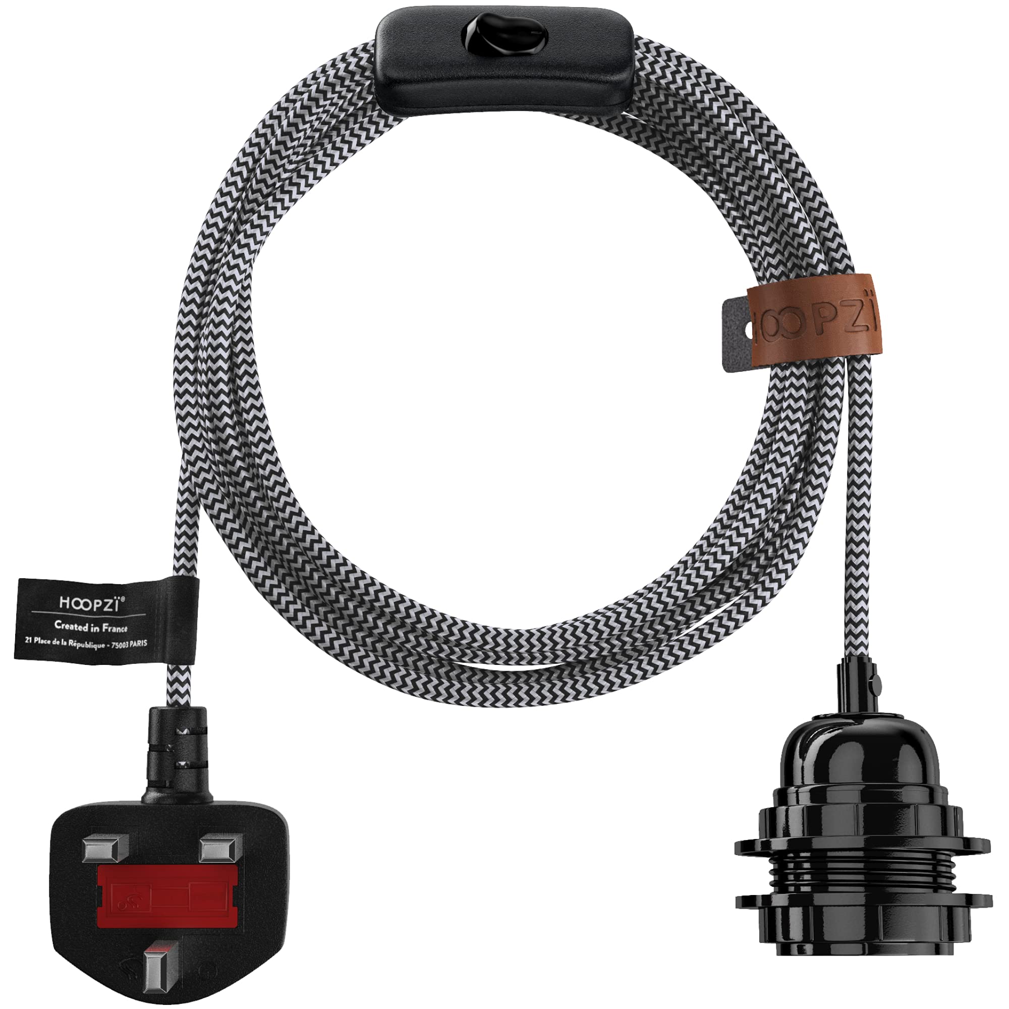 Hoopzi - Plug in Pendant Light to Light Up Your Home - 4.5M Fabric Electrical Cable - E27 Bulb Holder with Switch - Create Your Own Pendant Light, Portable Lamp, Hanging Lamp - BalaZigzag White Black