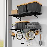 Jusgym 2 Pack Garage Shelving Wall Mounted with 8 Hooks, 2x4ft, 500lbs | Heavy Duty Garage Wall Shelving, 9-Bar Square Tube, Metal Floating Shelves, Industrial Storage Rack for Bins, Tools, Bikes