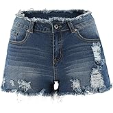 THUNDER STAR Ripped Jean Shorts for Women Mid Rise Frayed Raw Hem Stretchy Denim Shorts