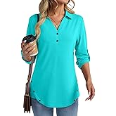 TICTICMISS Women's 3/4 Length Rolled Sleeve Tunic Tops Collared V Neck T Shirts Both Side Buttons Blouses