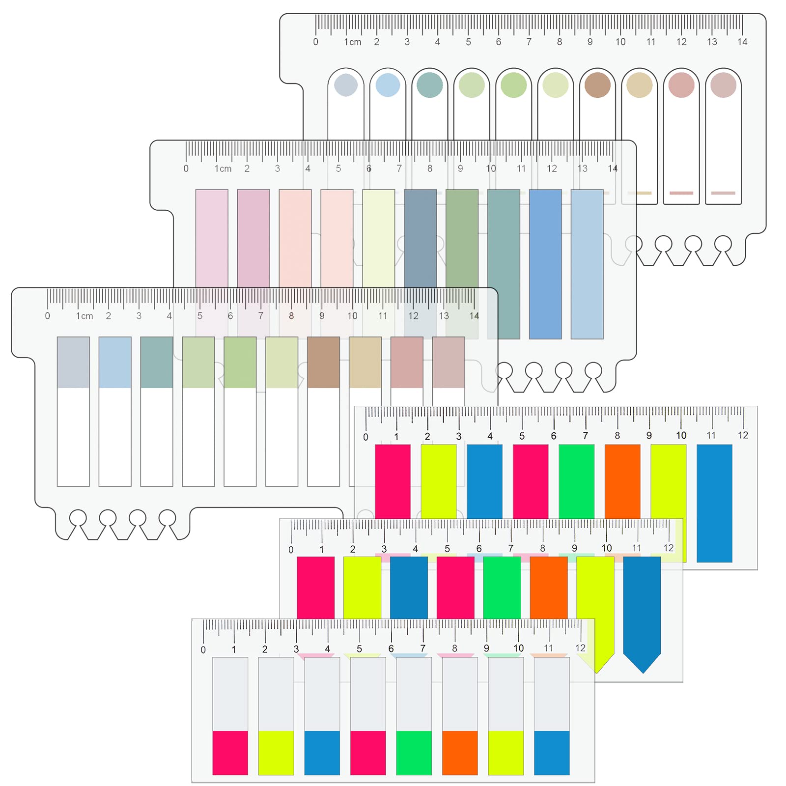 ZORRA 1080 PCS Index Tabs with Ruler, Colored Sticky Tabs Page Tabs, 6 Types of Writable and Positionable Book Tabs Page Markers for Students, Reading, Learning, School and Office(1080 PCS, 6 Styles)