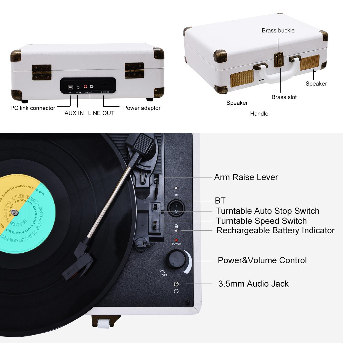JORLAI Rechargeable Suitcase Turntable 3 Speed Bluetooth Portable Record Player with Built-in Stereo Speakers,Support Vinyl-to-MP3 Recording/Headphone Jack/Aux Input/RCA Output,White
