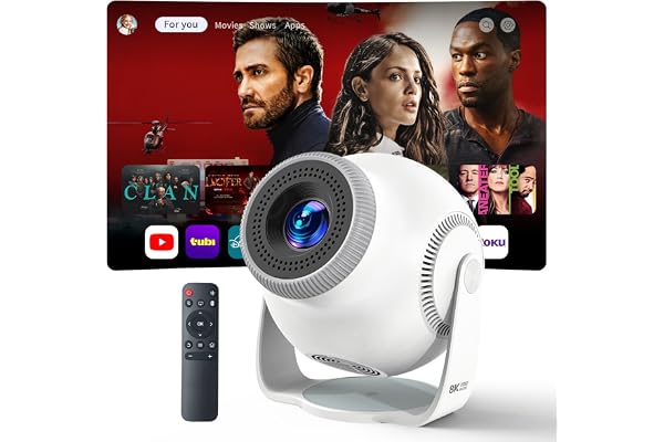 Trunera Smart Mini Projector with WiFi 6 and Bluetooth 5.4, White | Android 14 OS, Built-in Apps, 270° Rotation, Support 1080P 4K, Portable Projector for Home Theater, Bedroom, Outdoor Movies