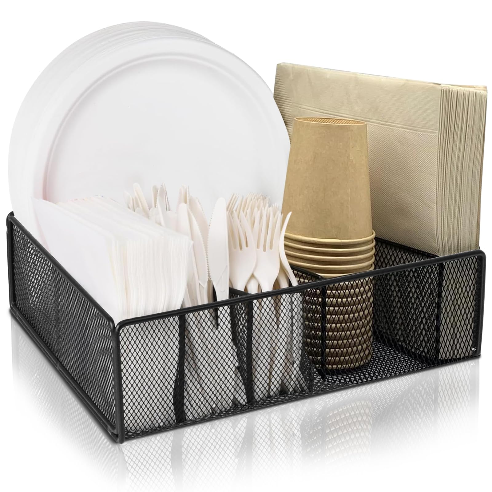 Photo 1 of Rainchun Metal Paper Plate Dispenser, Paper Plate Dispenser under Cabinet, Paper Plate Holder Caddy Cutlery Plastic Utensil Spoon Fork Napkin Organizer Storage Box for Party Camping Picnic Black