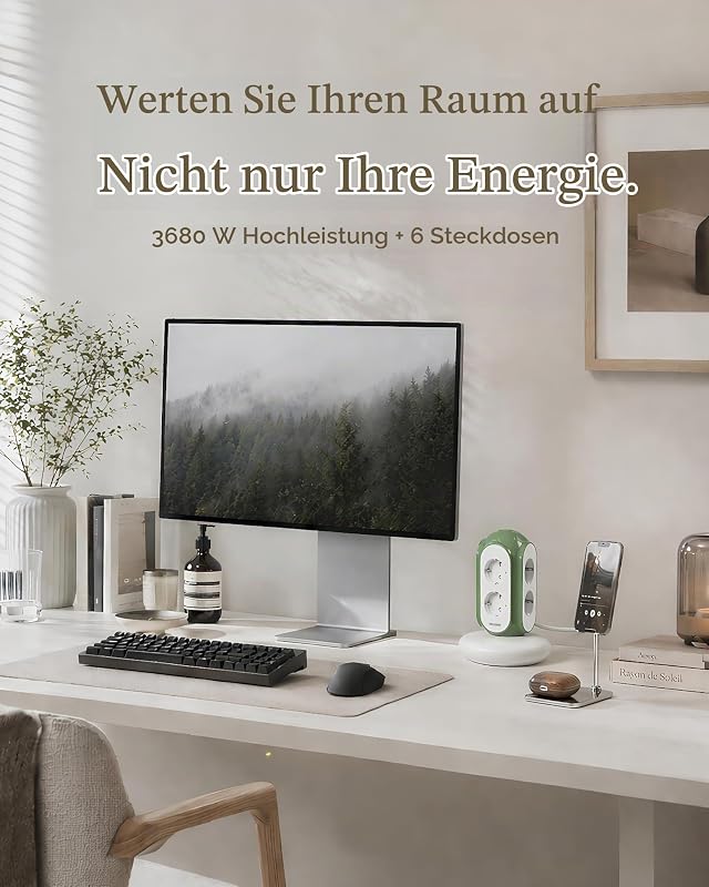 Steckdosenturm Mehrfachsteckdose 6-Fach mit Schalter, 3680W/16A, 1420J Überspannungsschutz, 2 m Kabel, 479g Standfuß, Überlastschutz, 850°C Gehäuse, Büro & Schlafzimmer (Mittelmeerblau)