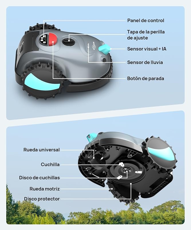 Cortador de relva robótico V100 sem cabo perimetral, com câmara, sistema de evitação de obstáculos, navegação visual, bateria 4 Ah, corta-relva robótica com lâminas de substituição e corte em espiral