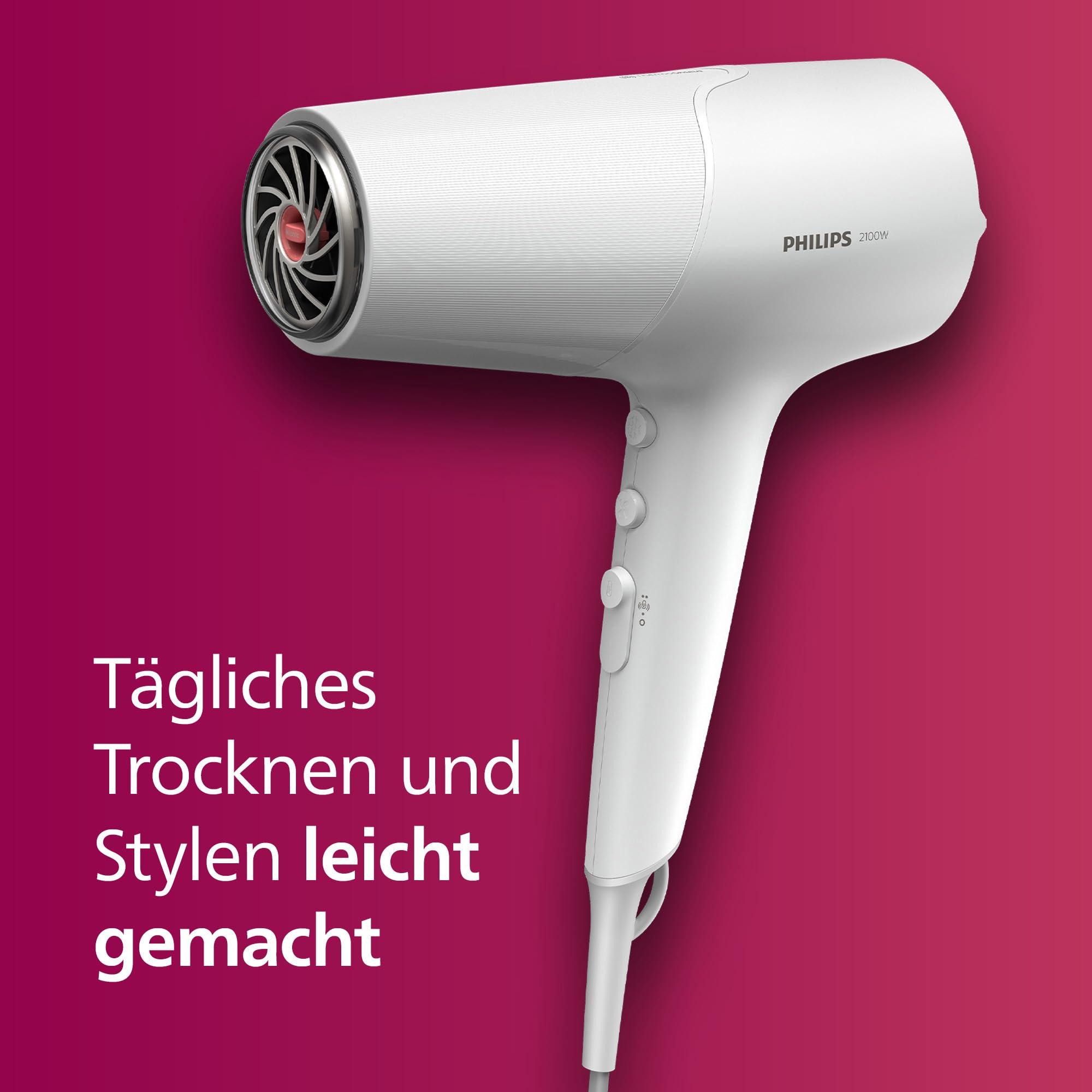 Philips Haartrockner 5000 Series, ThermoShield Technologie, Ionisierungsfunktion, 2.100 W, Weiß, mit Stylingdüse und Volumendiffusor, Modell BHD500/20 6