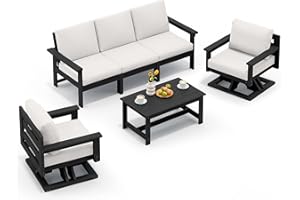 SERWALL HDPE Outdoor Patio Furniture Set, All-Weather 3-Seater Couch with 2 Single Seat Swivel Sofas with Thick Cushions for Lawn, Deck, Black Frame with Beige Cushions