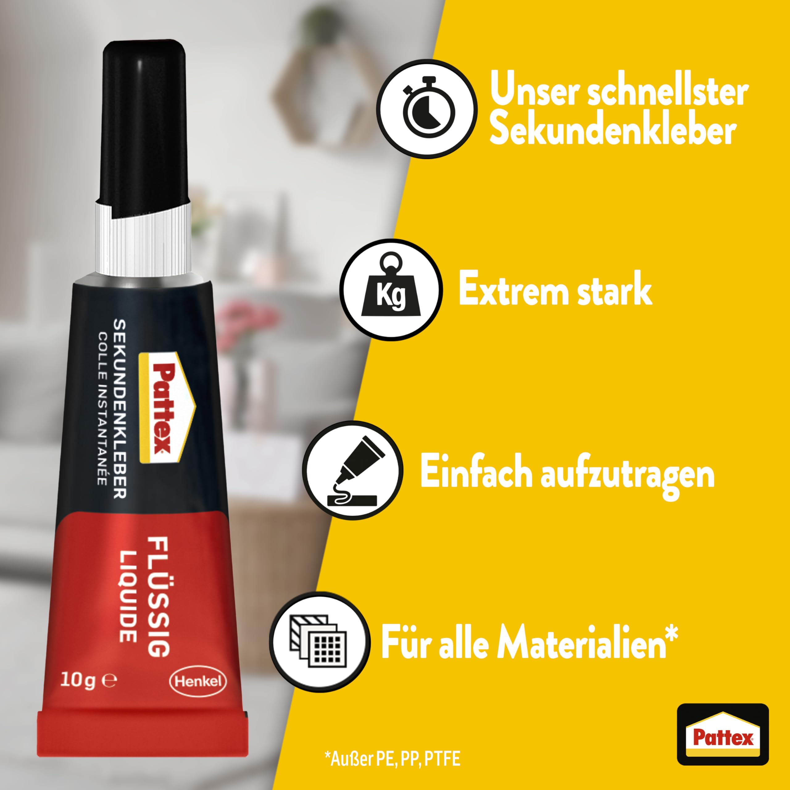 Pattex Sekundenkleber Flüssig, spülmaschinenfester Superkleber für viele Sofortreparaturen, schnelltrocknender farbloser Flüssigkleber, 1 x 10g 3
