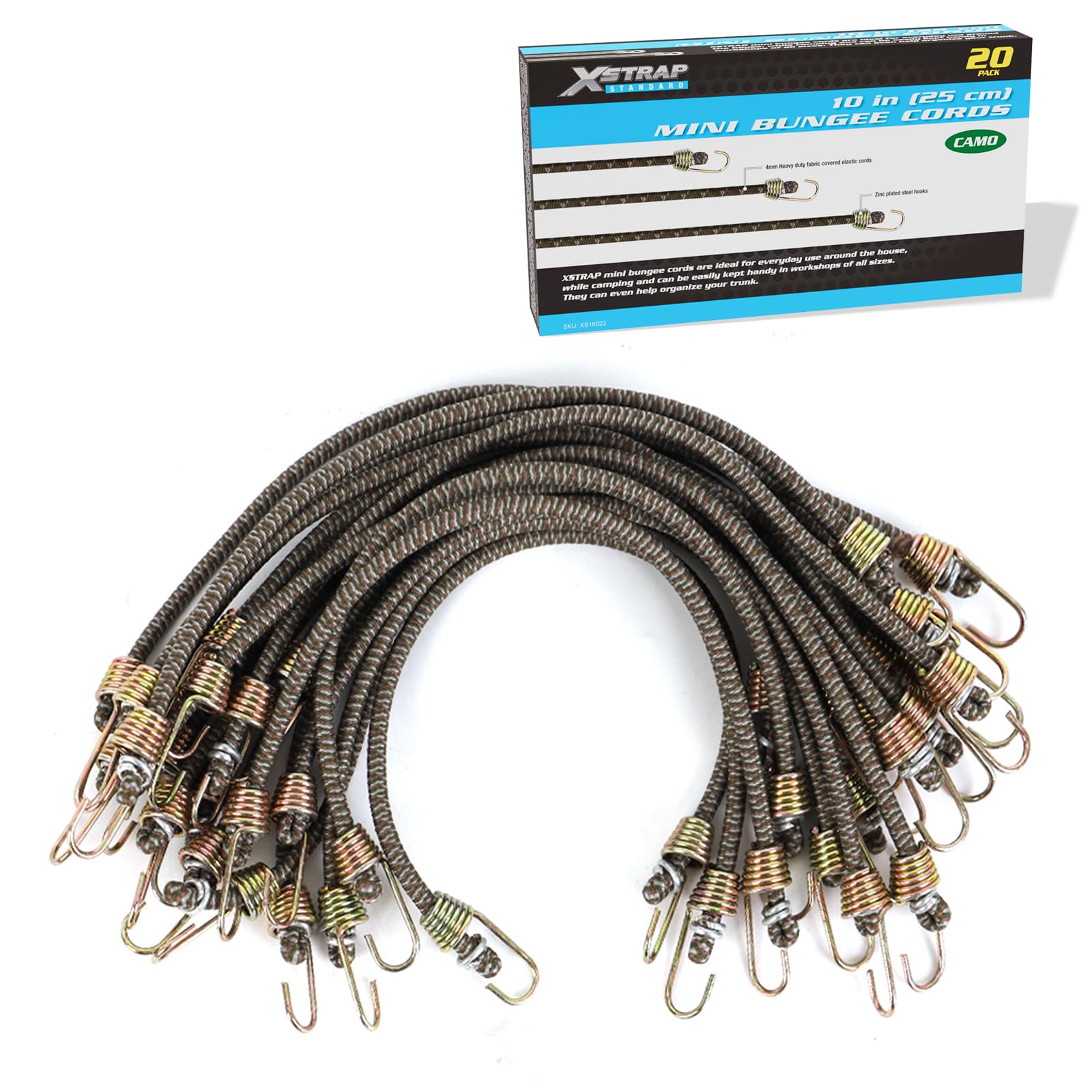 XSTRAP STANDARD 20 Pack Mini Bungee Cords with Hooks, 10 Inch Rubber Stretchy Bungee Cords for Camping, Tools, Tarp Covers, Canvas Canopies, and Cargo (Camouflage), Hang Christmas Ornaments