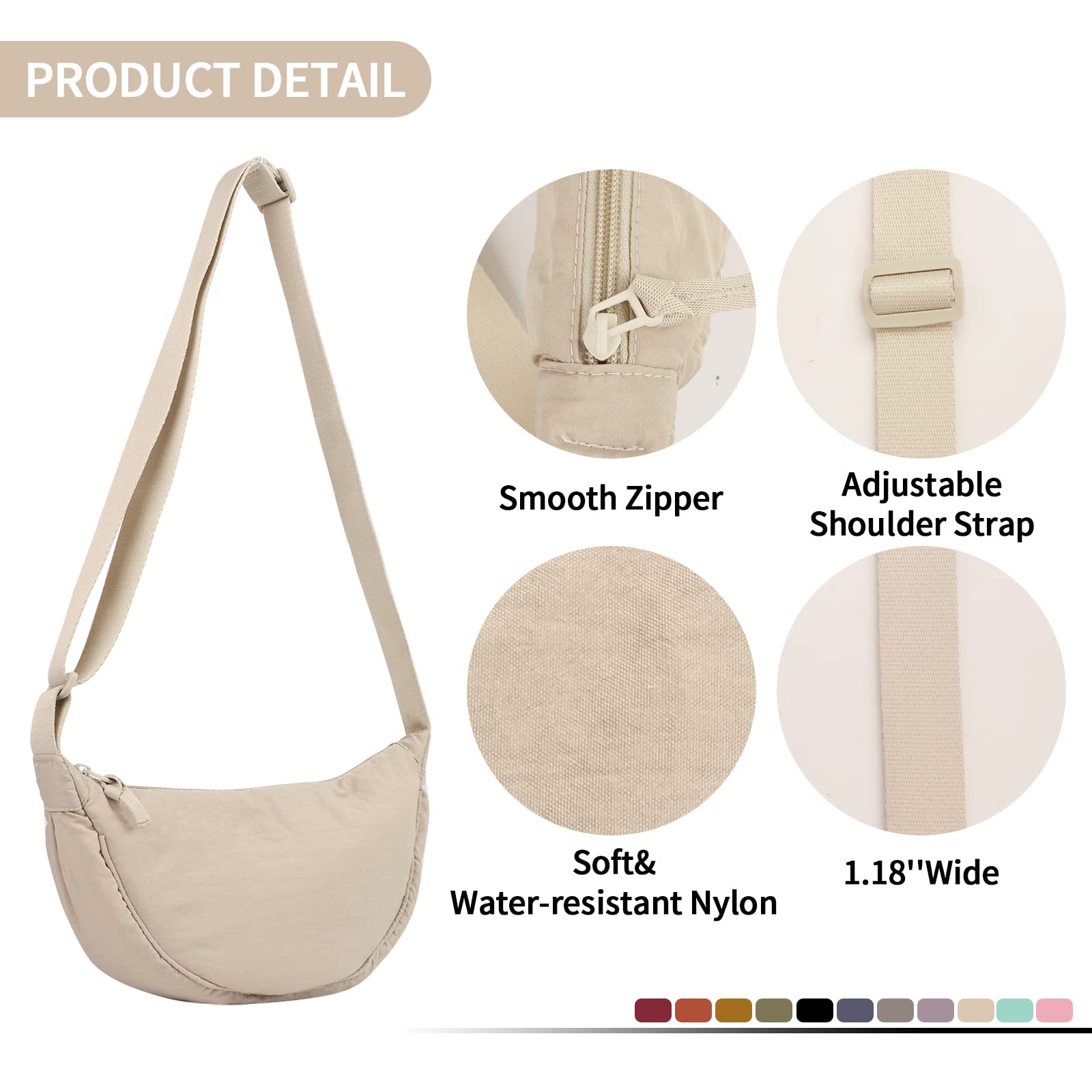 Nylon Crescent Crossbody Bag for Women Purses Trendy Men,Small Travel Sling Bag Hobo