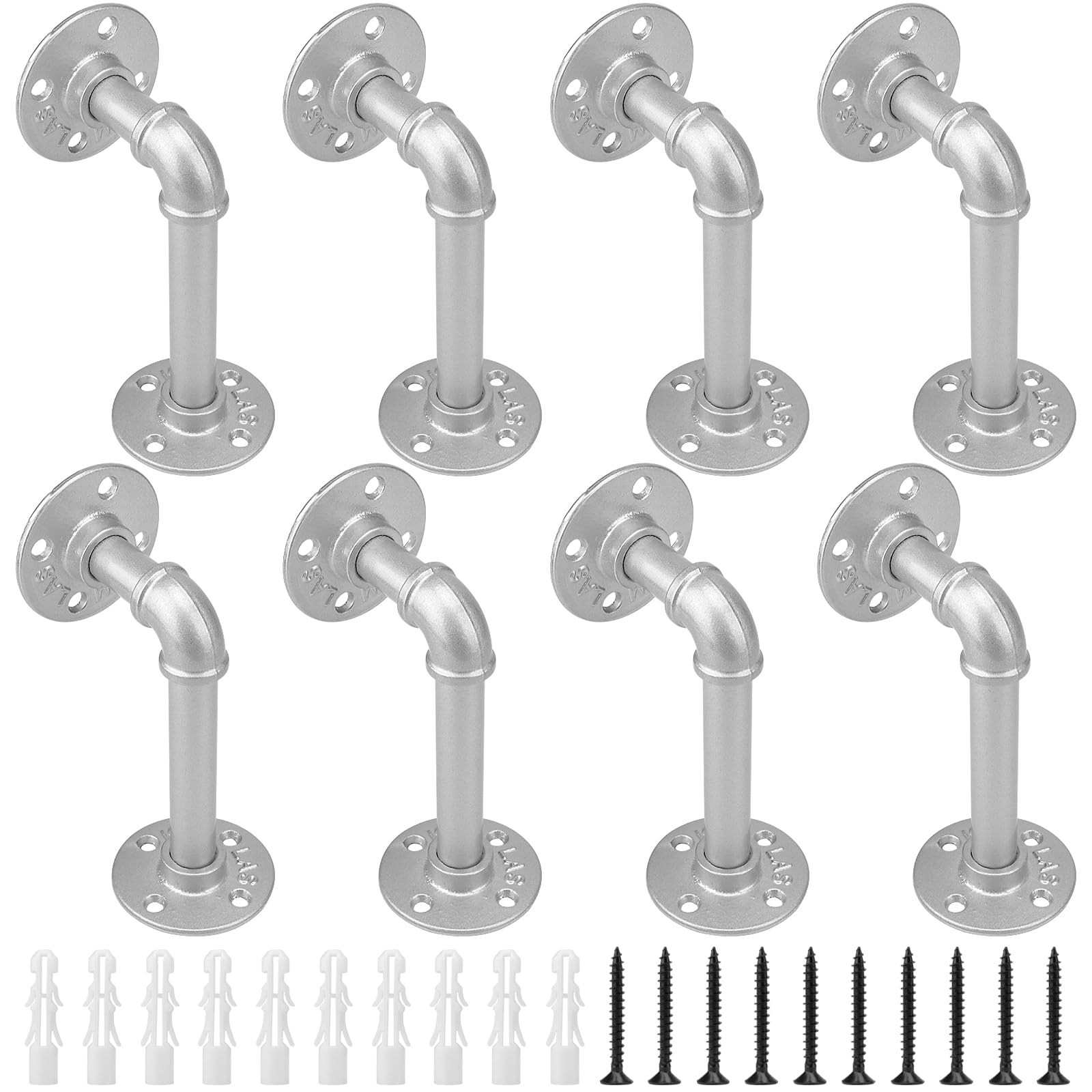 KOHAND 8 Pack Industrial Pipe Brackets, Silvery Pipe Shelving Brackets with Screws and Hard Wall Anchors, Pipe Brackets for Shelves, Scaffold Board, Home Decoration