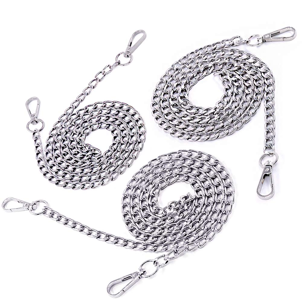 Swpeet S832 3Pcs Sliver Luxury Fashion 47 Inche Replacement Flat Chain Strap with Buckles Set, Perfect for DIY Metal Shoulder Cross Body Bag Hand Bag Purse Replacement