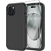 Annymall for iPhone 15 Case with 2 Screen Protector,Shockproof Drop Protection Full Body Heavy Duty 3-Layer Military Rugged Durable Phone Cover for Apple iPhone 15 6.1" (Black)