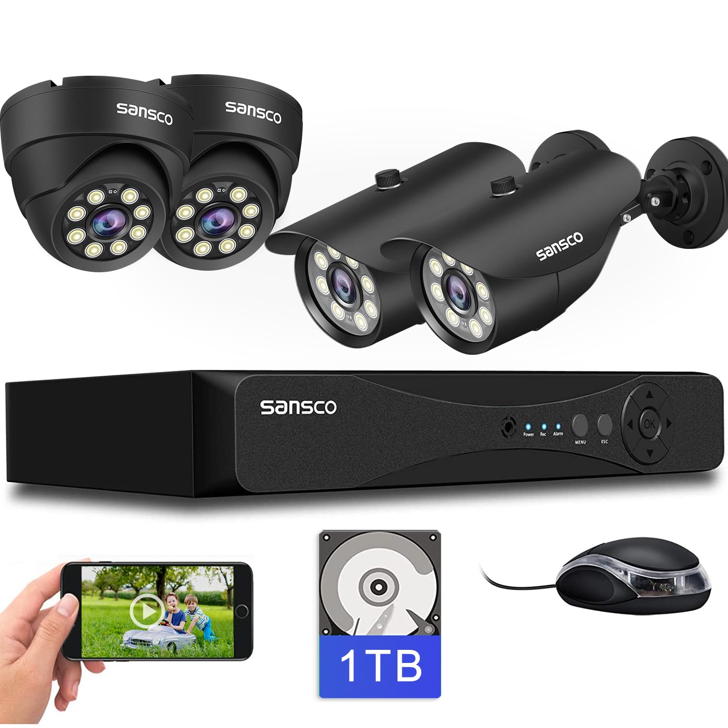 SANSCO 5MP 8CH CCTV Security System, Dual-Camera Bundle with 2 Dome & 2 Bullet Cameras with 1TB HDD DVR, UK Plug, Human/Vehicle/Face Detection, Full Color Night Vision, IP66 Weatherproof