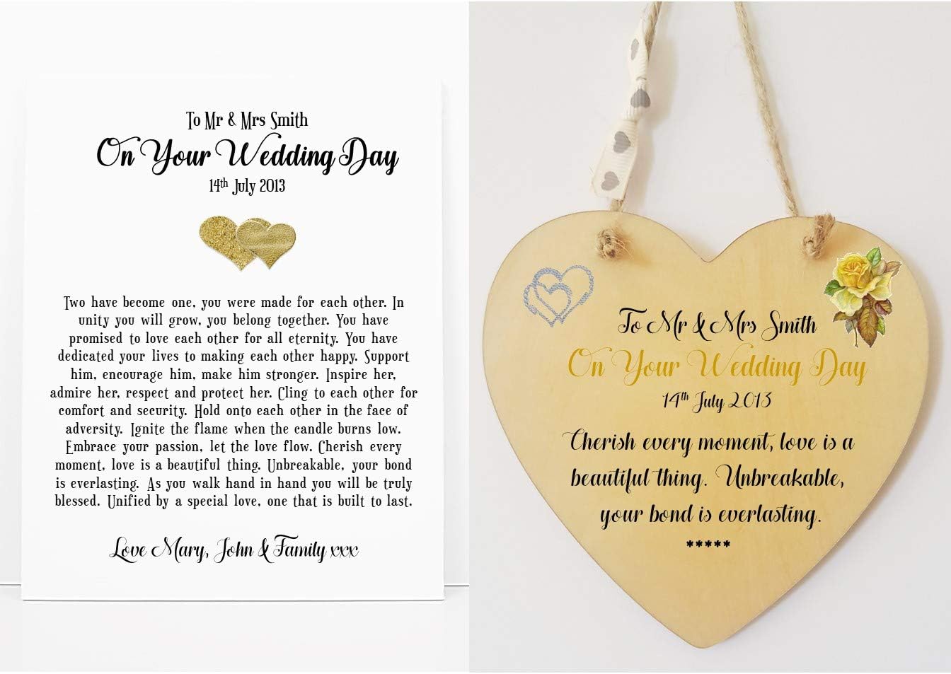 Personalised Wedding Poem Card & Heart Plaque Gift. Bride & Groom * Newlywed. Personalised details required.