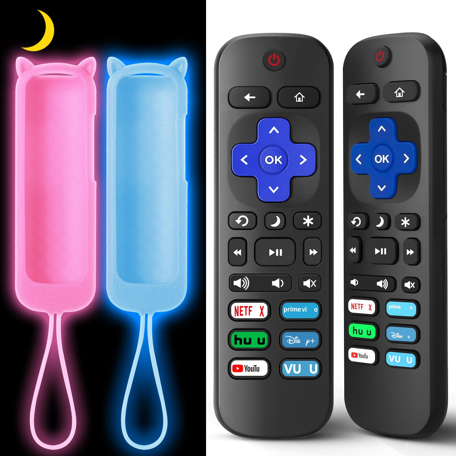 Photo 1 of (Pack of 2) ONEBOM Replacement Remote for Roku TV with Soft Protective Silicone Cover(Glow in The Dark), Universal Remote for TCL/Onn/Hisense/Sharp/Element/Philips Roku Smart TV