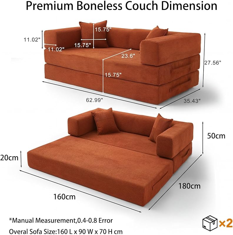 5 en 1 Versatile Canapé Compressé, Fabriqué en Velours Côtelé de Haute Qualité avec Forme de Mémoire Haute Densité, 160cm Canapé Convertible 2 Places pour Appartement, Orange