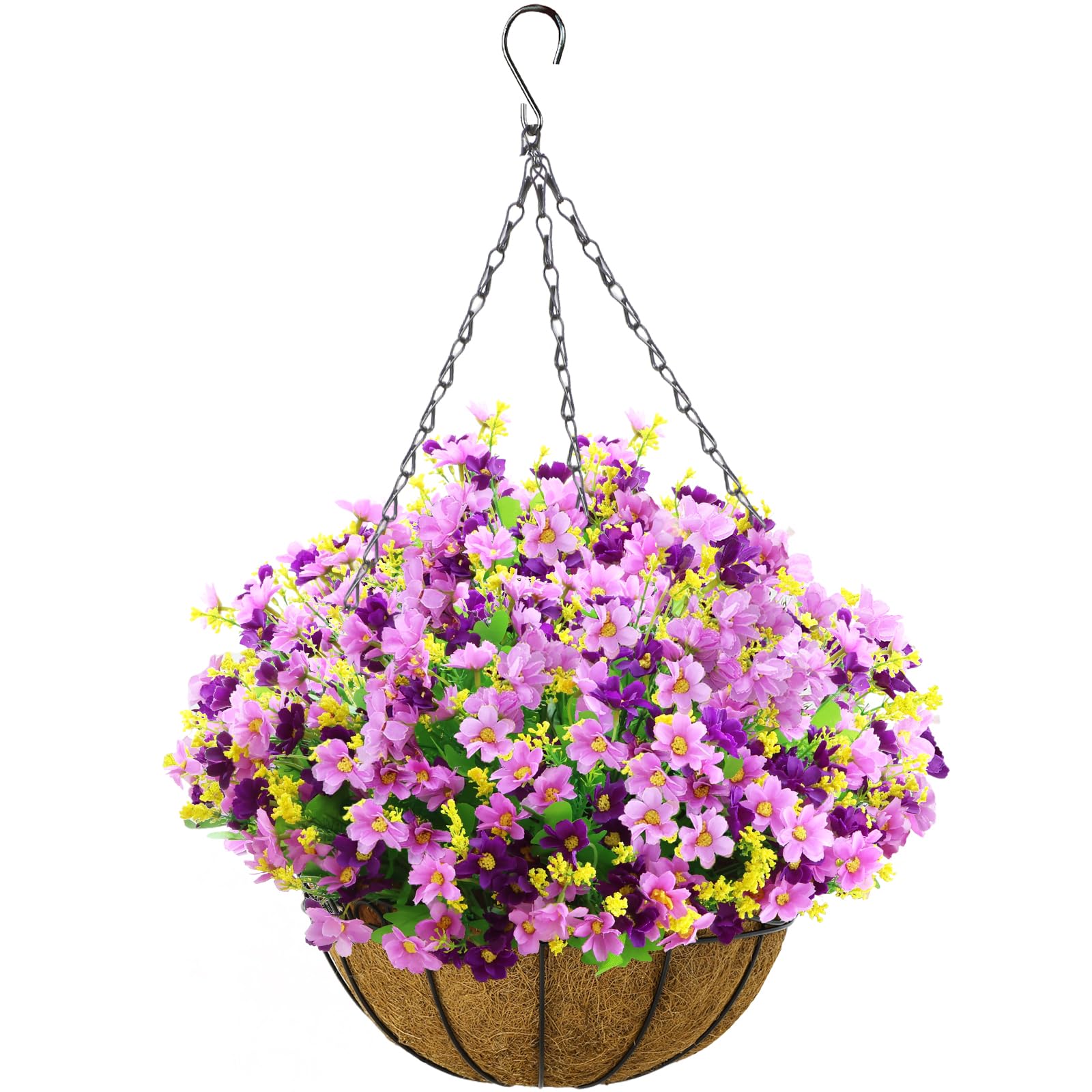 Photo 1 of CEWOR Artificial Hanging Flowers in Basket, 10pcs Artificial Daisies Arrangement with Coconut Lining Basket, Fake Hanging Plants for Outdoor Patio Garden Porch Decor (Purple)