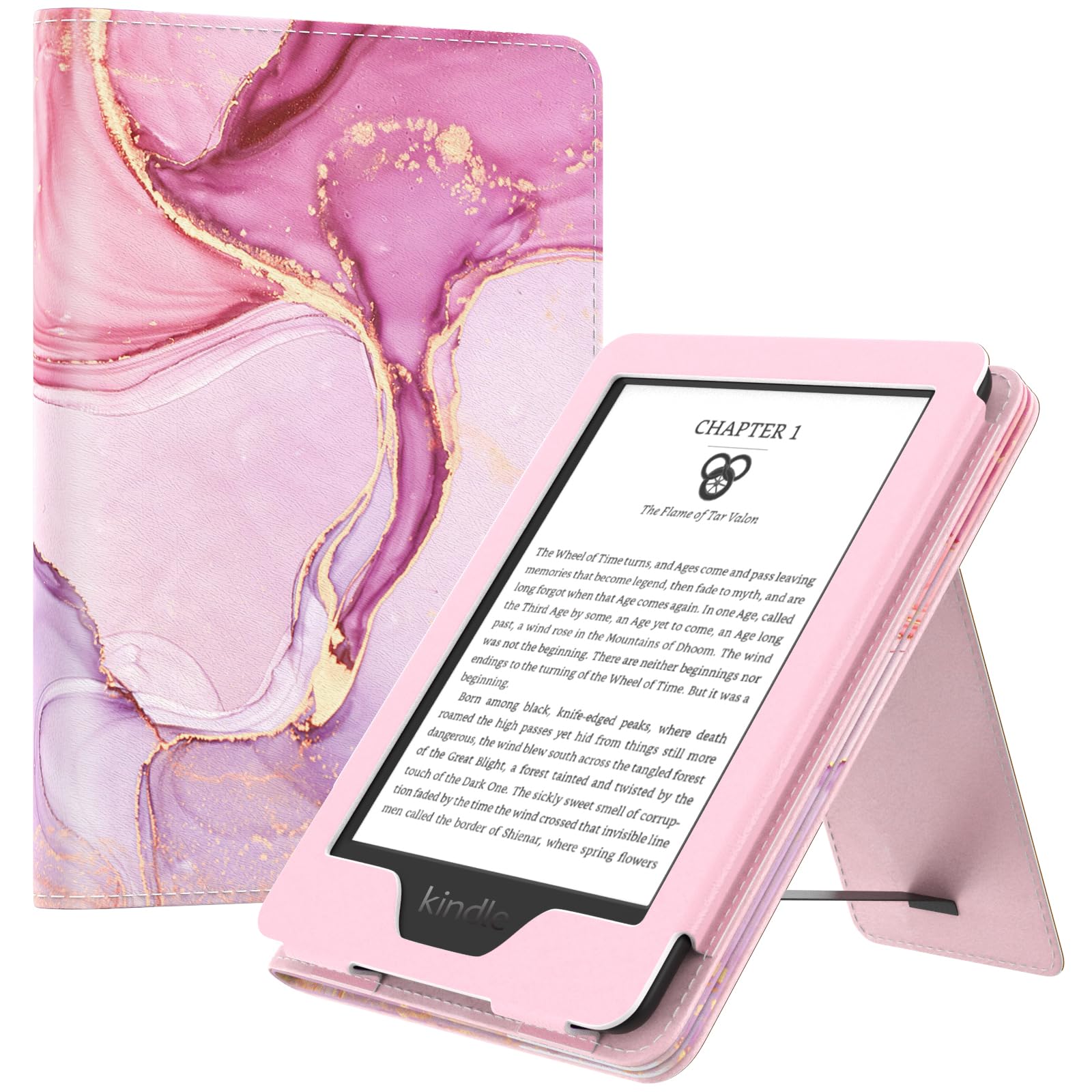 MoKo Case Fits 6" Kindle(11th Generation, 2024/2022 Release)/Kindle(10th Gen,2019)/Kindle(8th Gen, 2016), Ultra Lightweight PU Shell Cover with Auto Wake/Sleep for Kindle 2024, Light Pink Gold Marble