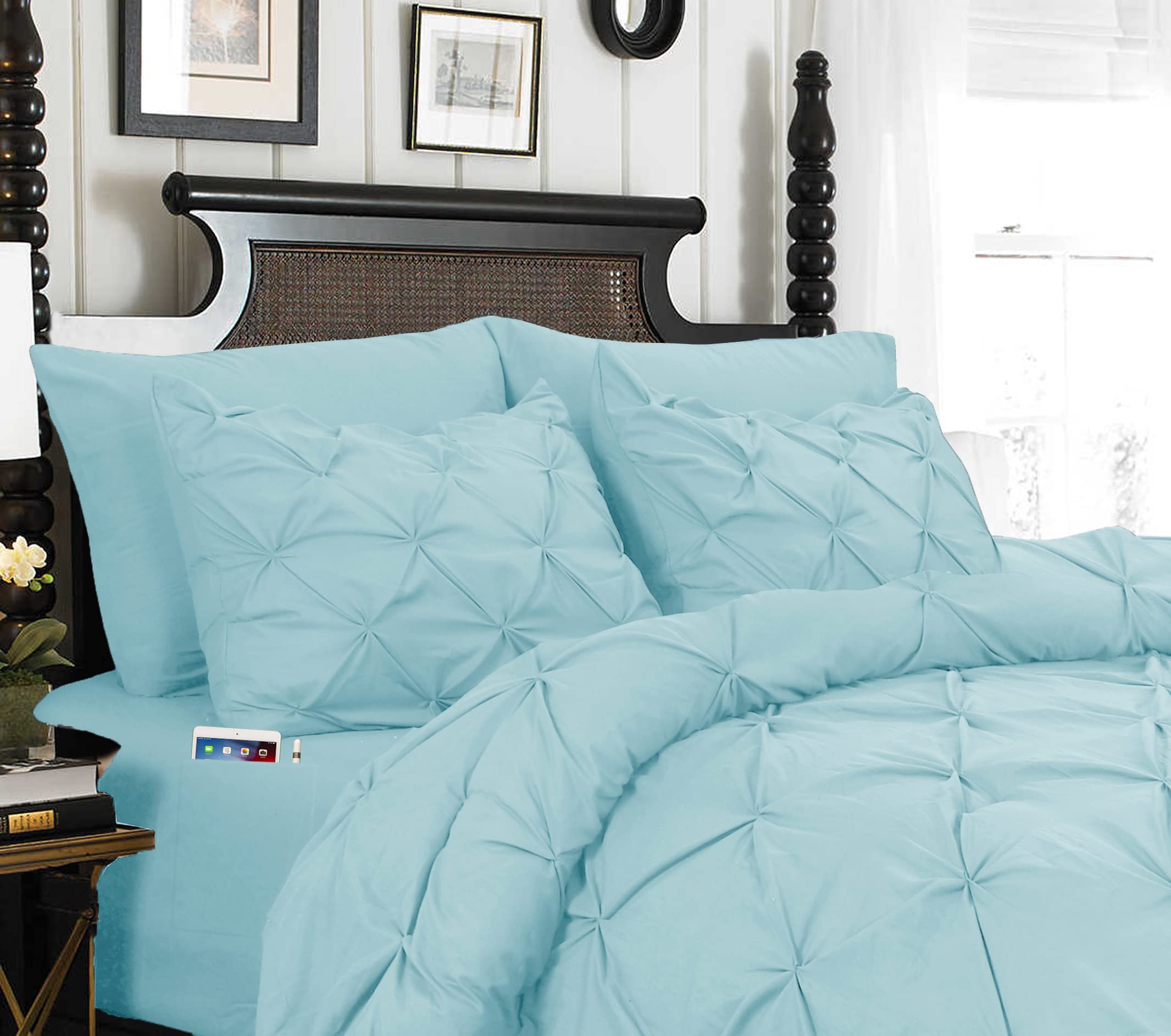 Photo 1 of ***FACTORY SEALED***Elegant Comfort 8-Piece Pinch Pleated Comforter Set, Bed-in-a-Bag Silky Soft Set Includes Sheet Set with Storage Pockets, 8PC Pinch Pleated Comforter King, Aqua