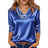 Ladies Tops and Blouses, Women's Satin Blouse Dressy Casual Cowl Neck 3/4 Length Sleeve Tops Business Work Shirts