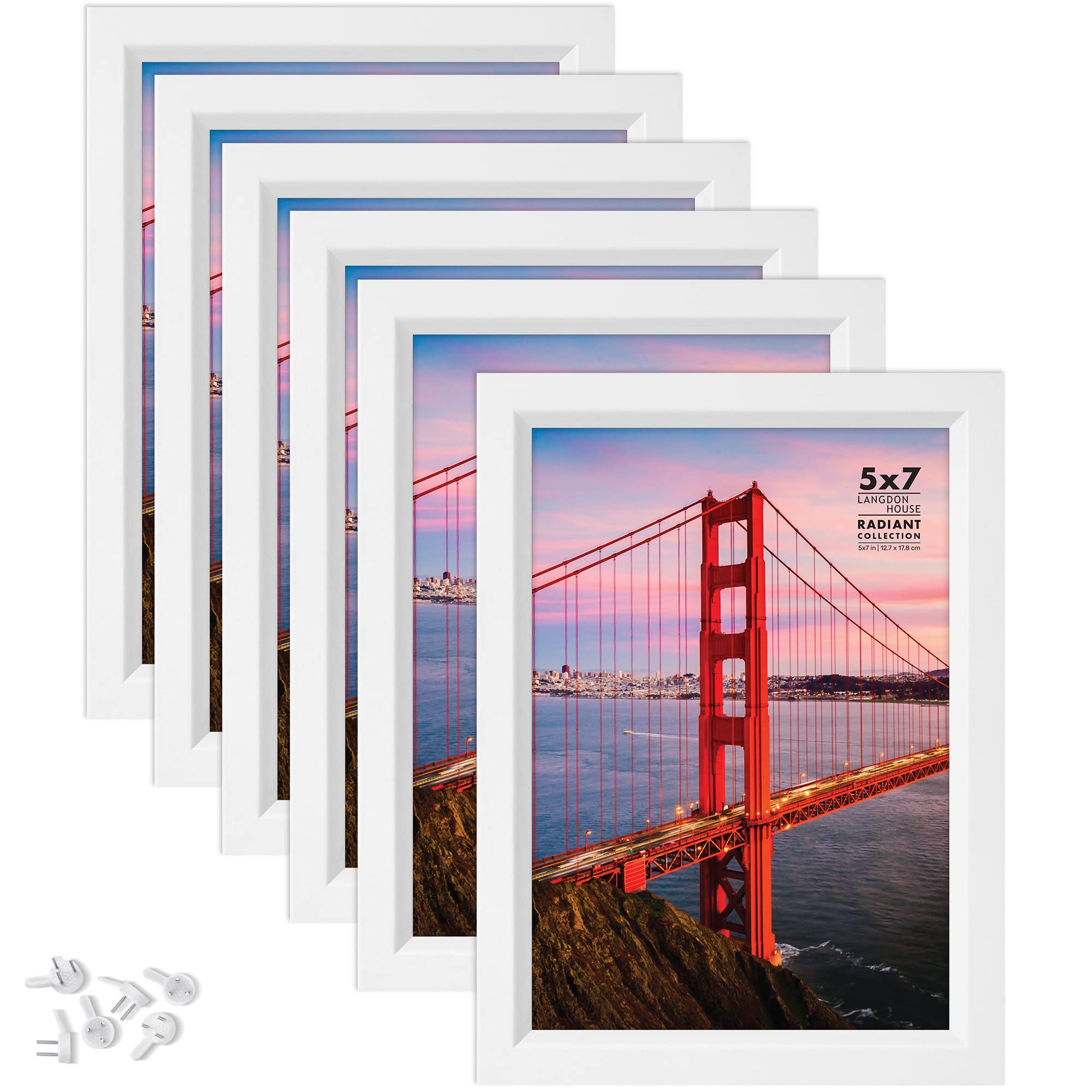 Langdon House 7x5 Picture Frames (White, 6 Pack), Modern w/Bevelled Accent, Tabletop Easel and Wall Hanging Hooks Included, Radiant Collection
