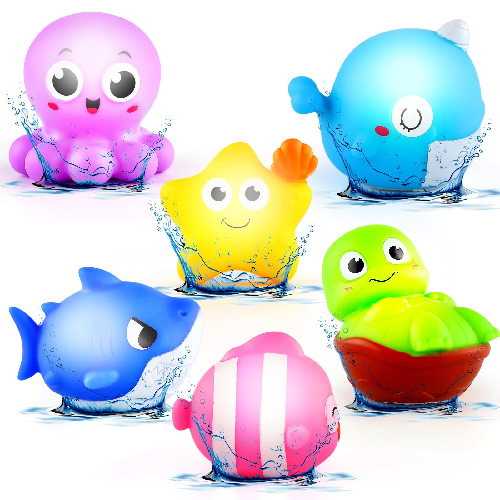 Light Up Baby Bath Toy Set 6 PCS for Babies and Toddlers, Sensory Floating Ocean Animals with Flashing Lights, Octopus Dolphin Turtle Shark Starfish, Mould