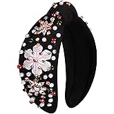 Christmas Holiday Headband Accessories for Women - Beaded Christmas Tree, Festive Xmas Knotted, Red Green Rhinestone Crystal Wide Top Knot - Holiday Gifts (Snowflake 2 - Black)