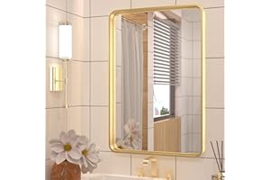TETOTE 16 x 24 Inch Brushed Gold Frame Mirror, Brass Gold Bathroom Vanity Mirror for Wall, 2 Inch Thick Modern Round Corner Rectangle Framed Mirror (Horizontal/Vertical)