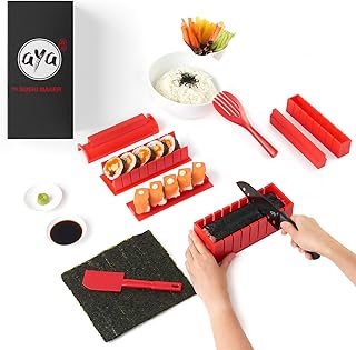 AYA Sushi Maker Kit Sushi Maker Rot Komplett mit Sushi Messer und Exklusiv Video Tutorials 11 Stück DIY Sushi Set - Einfach und Spaß für Anfänger - Sushi Rollen Maker- Maki Roll – Sushi Roller
