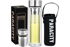 PARACITY Tea Infuser Bottle, Upgraded Extended Filter, Double Wall Borosilicate Glass, Portable Travel Tea Tumbler, Sealed Le