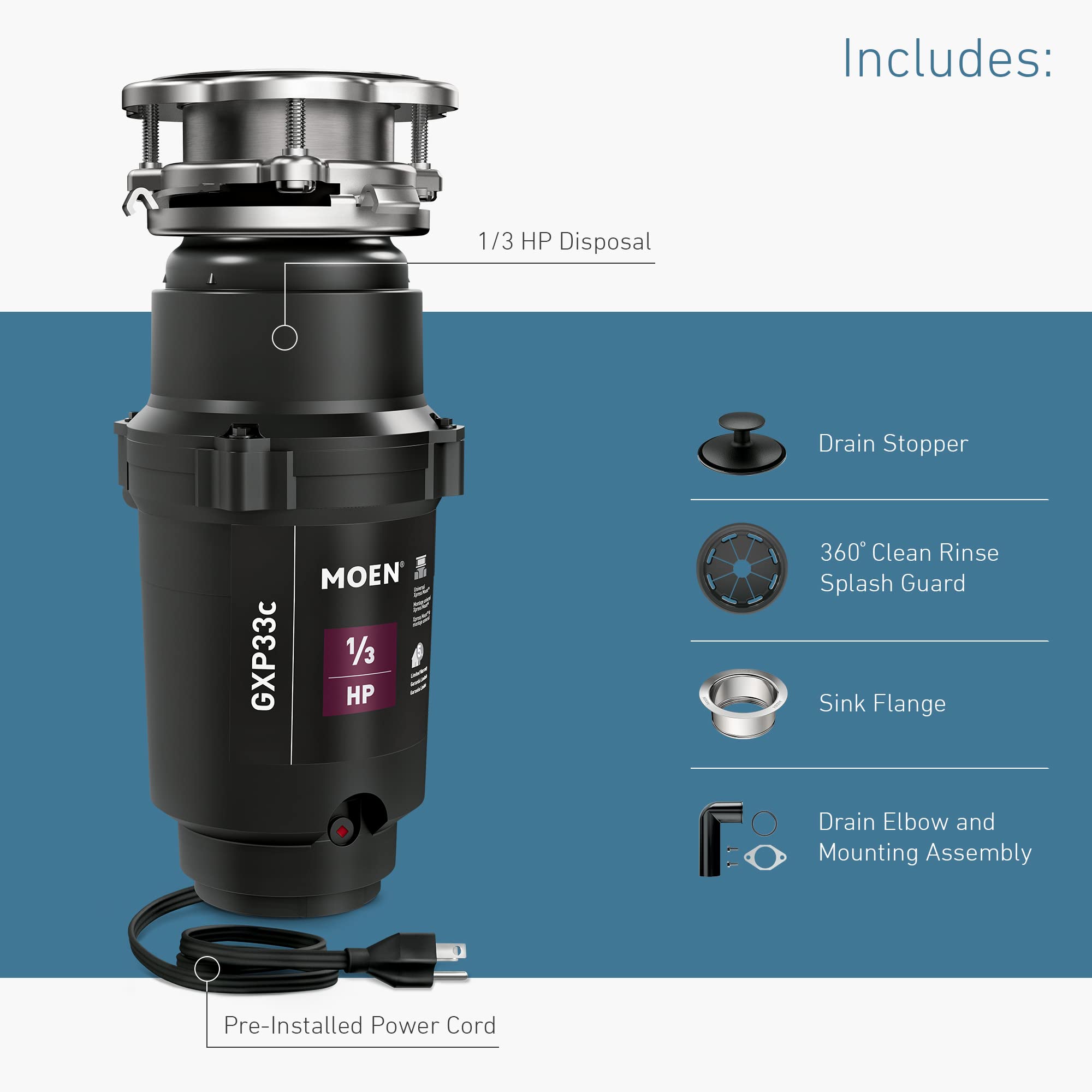 Moen Lite Series PRO Compact Continuous Feed Garbage Disposal for Kitchen Sink with Power Cord, GXP33C