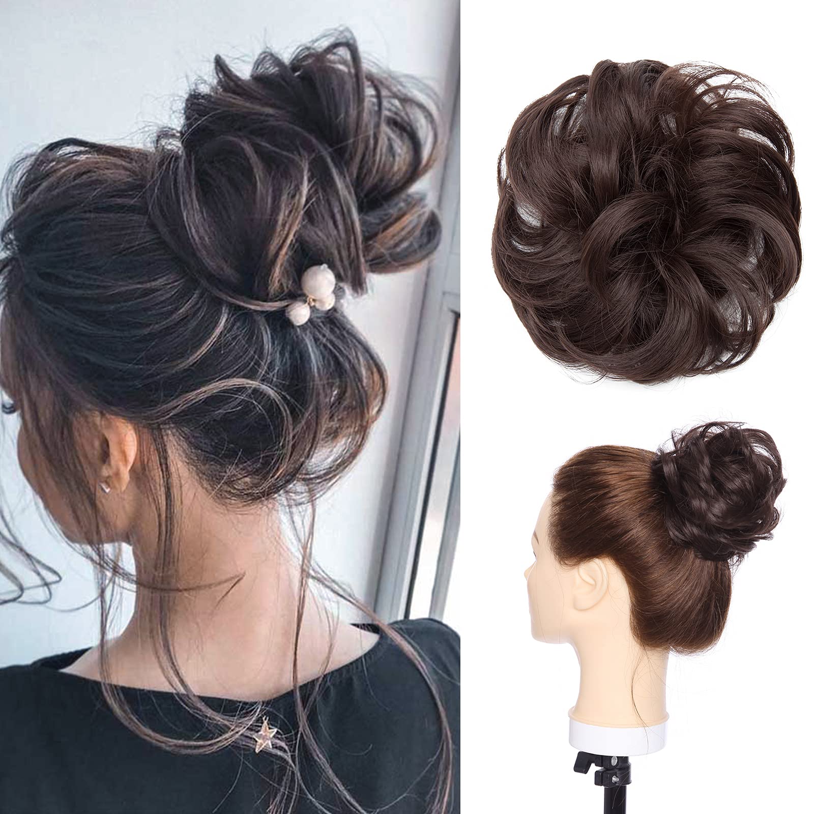 Silk-co Updo Ponytail Extensions [Reddish Brown] - Messy Scrunchies Bun Extensions, Curly Wavy Hairpieces for Women Hair Accessories