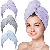 Hicober Microfiber Hair Towel Wrap for Women, Purple Blue Grey, 3-Pack | Soft, highly absorbent wrap helps hair dry faster and stays securely in place on curly, thick or long hair