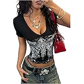 Floerns Women's Gothic Short Sleeve T Shirts V Neck Streetwear Grunge Spooky Y2k Tee Tops