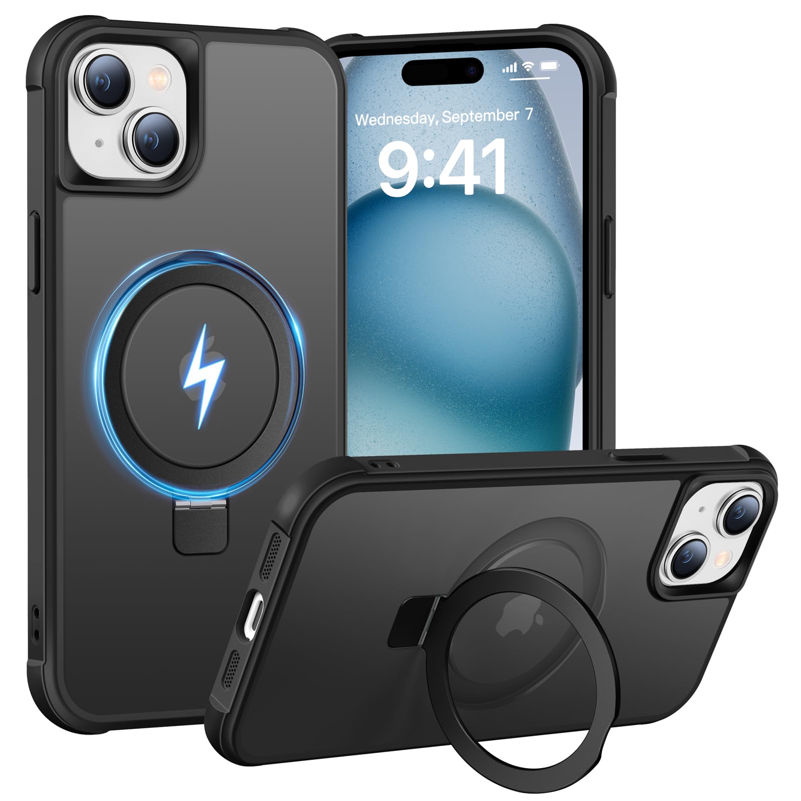BENTIACC Magnetic Ring Stand Case for iPhone 15 Plus - 120° rotatable Stand, N52 Magnet, Non-Slip, Matt Transparent Back, Easy to Clean, Shockproof, Military Standard Drop Protection (Black)