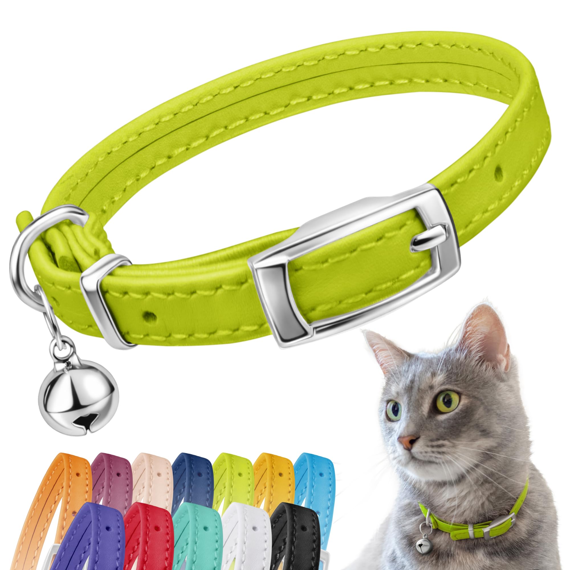 CollarDirect Leather Cat Collar with Removable Bell – Safety Kitten Collar with Elastic Strap (Lime Green, 20-28 cm)
