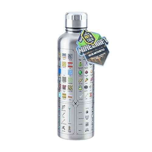 Minecraft Metal Water Bottle - Officially Licensed, Leakproof Travel Bottle for Hot and Cold Beverages, Featuring In Game Items, Gift for Minecraft Fan, 470ml (16 fl oz) | Paladone