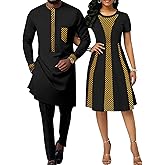 Realwax African Attire for Couple Women Print Wax Crew Neck Dress with Men Dashiki Long Vest Shirt and Pants Sets
