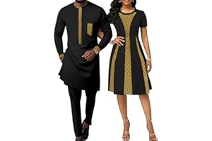 Realwax African Attire for Couple Women Print Wax Crew Neck Dress with Men Dashiki Long Vest Shirt and Pants Sets