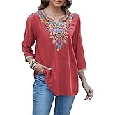 Grosy 3/4 Sleeve Embroidered Mexican Tunic Tops for Women Plus Size Boho Peasant Blouses Bohemian Tunics Hippie Shirts
