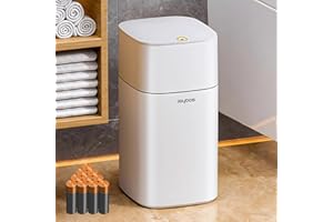 O-MART Bathroom Trash Can with Lid, 1.9 Gallon Small Garbage Can with Press Top Lid, Plastic Wastebasket for Toilet, Office, Bedroom, Living Room, Kitchen, White, 10 Rolls of Bags Included