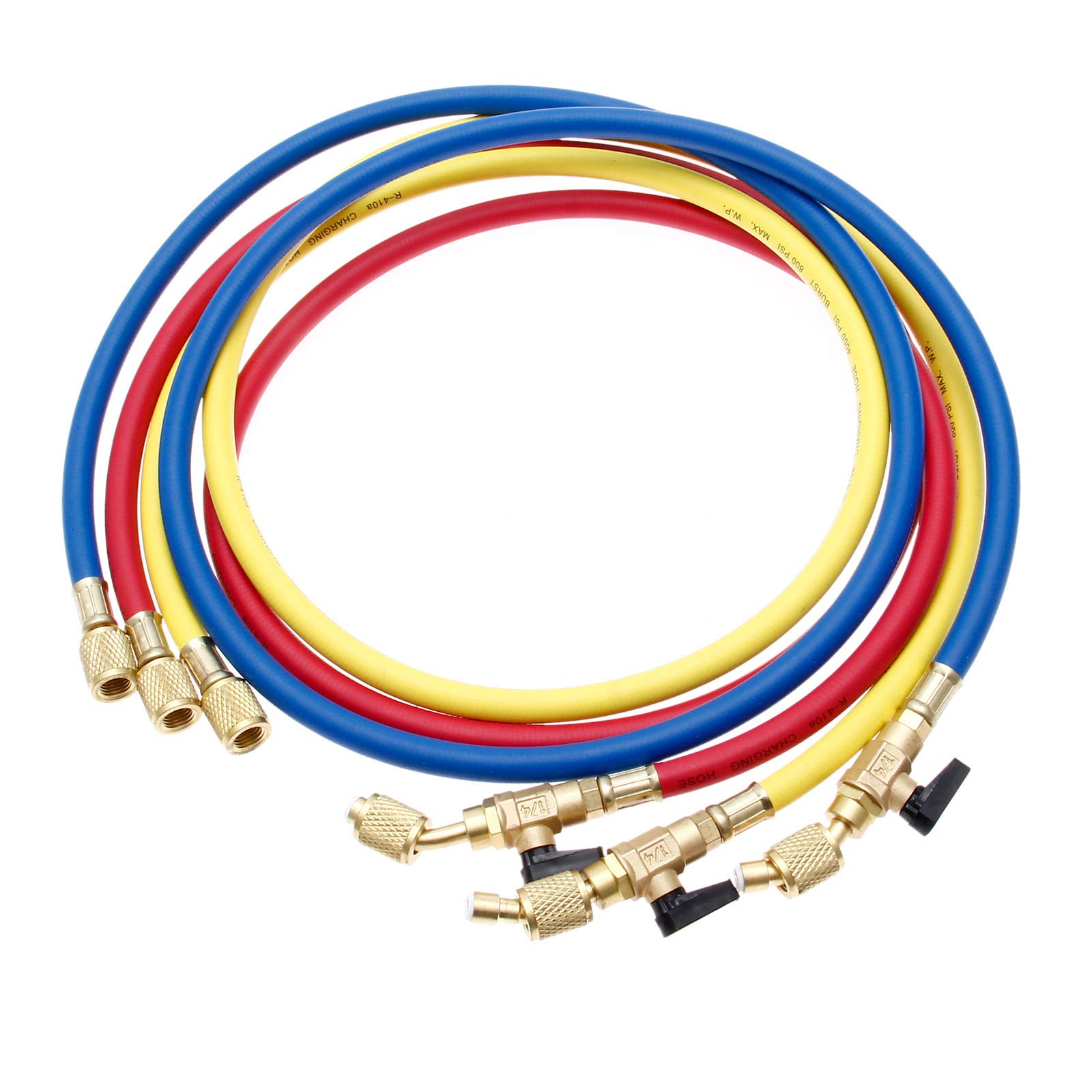 gohantee Refrigerant Charging Hose Ball Valve, 3 Colour 60" AC 1/4 SAE 800-4000 PSI High Pressure Thread AC Refrigerant Charging Hose for R410A R134A R410 R12 R22 Air Condition Maintenance