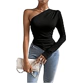 MakeMeChic Women's Rib Knit One Shoulder Ruched Tee Tops Asymmetrical Long Sleeve Slim Fitted T Shirts