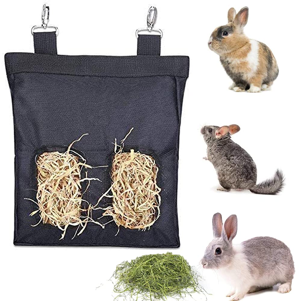 Rabbit Hay Feeder, Guinea Pig Hay Feeder Storage, Rabbit Feeding Bag, Guinea Pigs Hanging Hay Rack, Hay Bag Hanging Feeder Sack for Rabbit Guinea Pig-2 Openings, 23x28x2.6cm